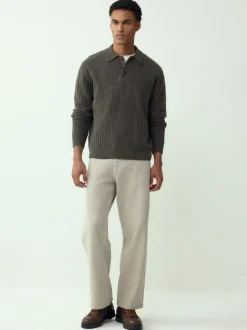 Next Cosy Rib Knit Long Sleeve Polo Shirt with Wool Khaki Green