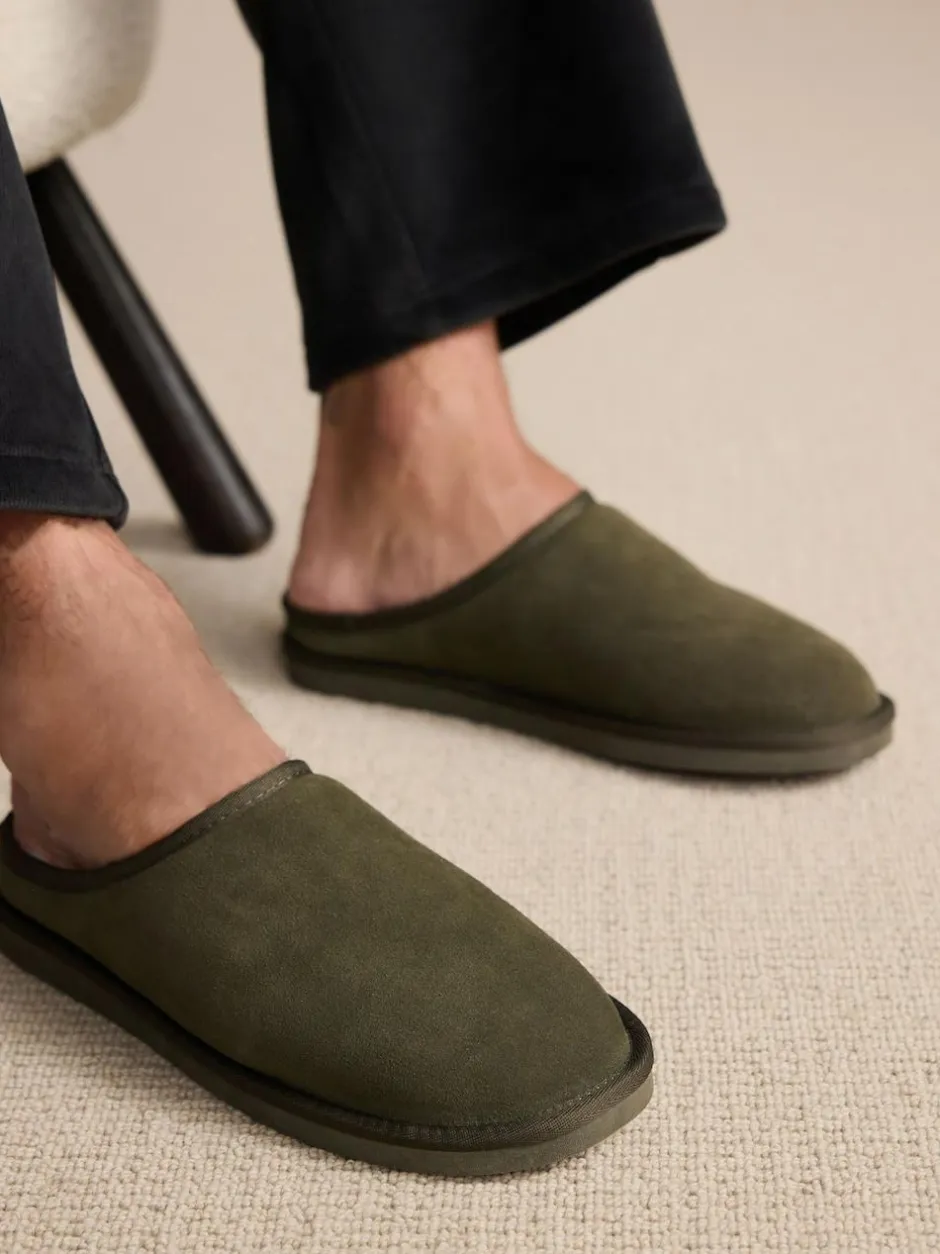 Next Faux Fur Lined Signature Suede Mule Slippers Khaki Green Discount