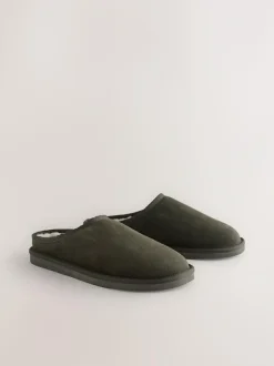 Next Faux Fur Lined Signature Suede Mule Slippers Khaki Green Discount