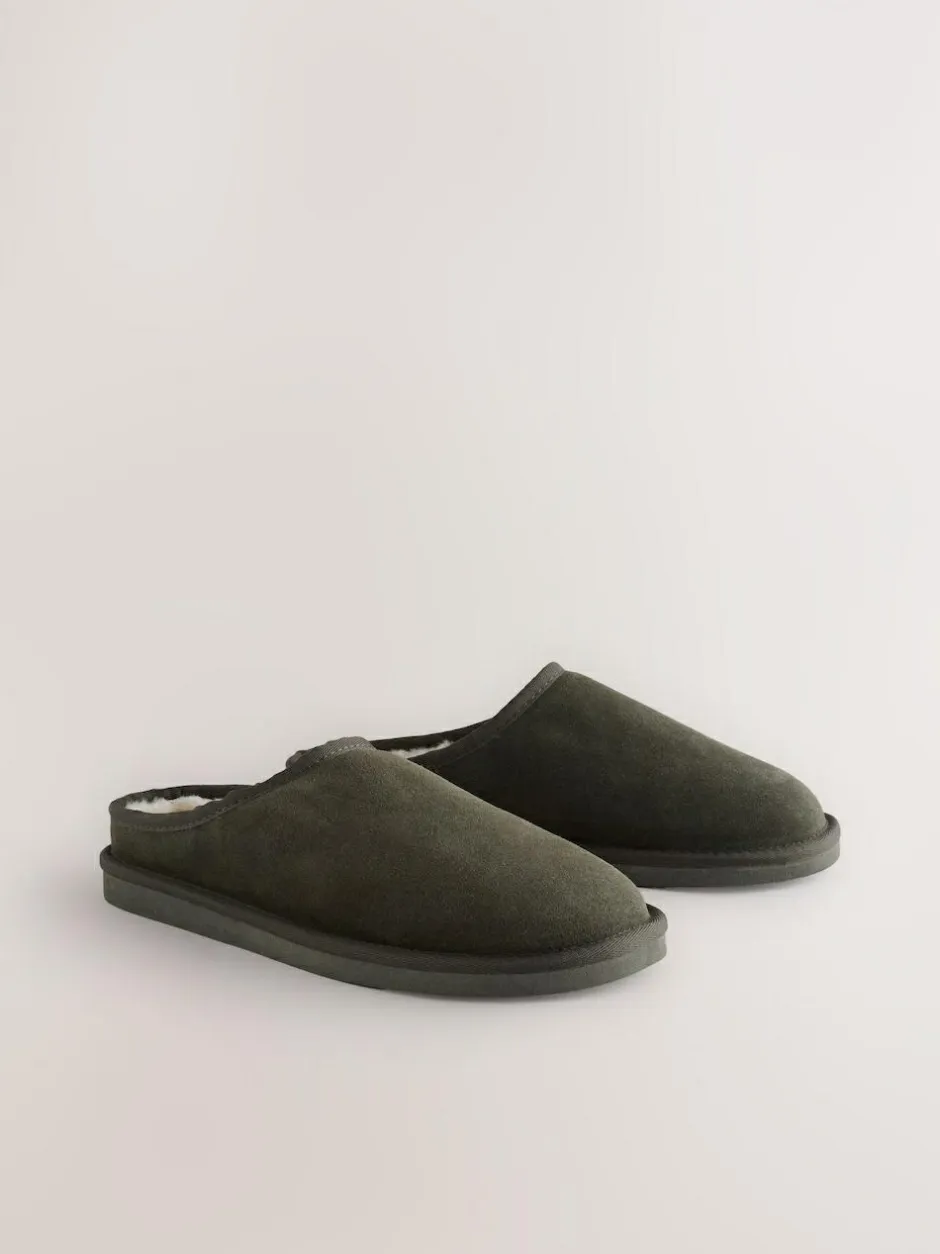 Next Faux Fur Lined Signature Suede Mule Slippers Khaki Green Discount