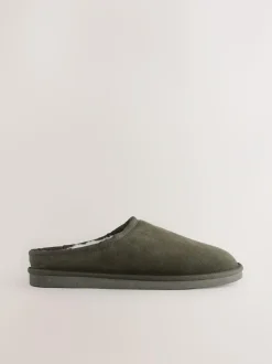 Next Faux Fur Lined Signature Suede Mule Slippers Khaki Green Discount