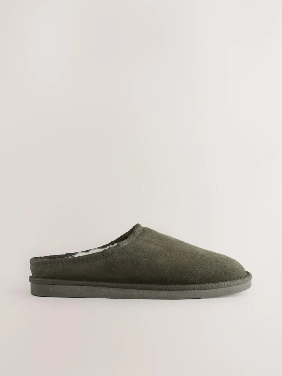 Next Faux Fur Lined Signature Suede Mule Slippers Khaki Green Discount