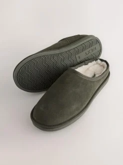 Next Faux Fur Lined Signature Suede Mule Slippers Khaki Green Discount