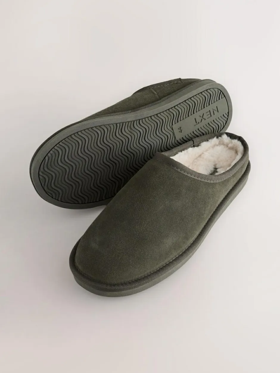 Next Faux Fur Lined Signature Suede Mule Slippers Khaki Green Discount