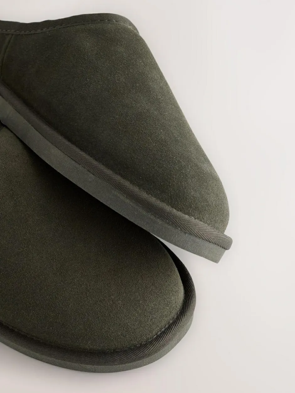 Next Faux Fur Lined Signature Suede Mule Slippers Khaki Green Discount