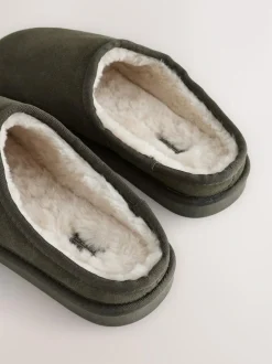 Next Faux Fur Lined Signature Suede Mule Slippers Khaki Green Discount