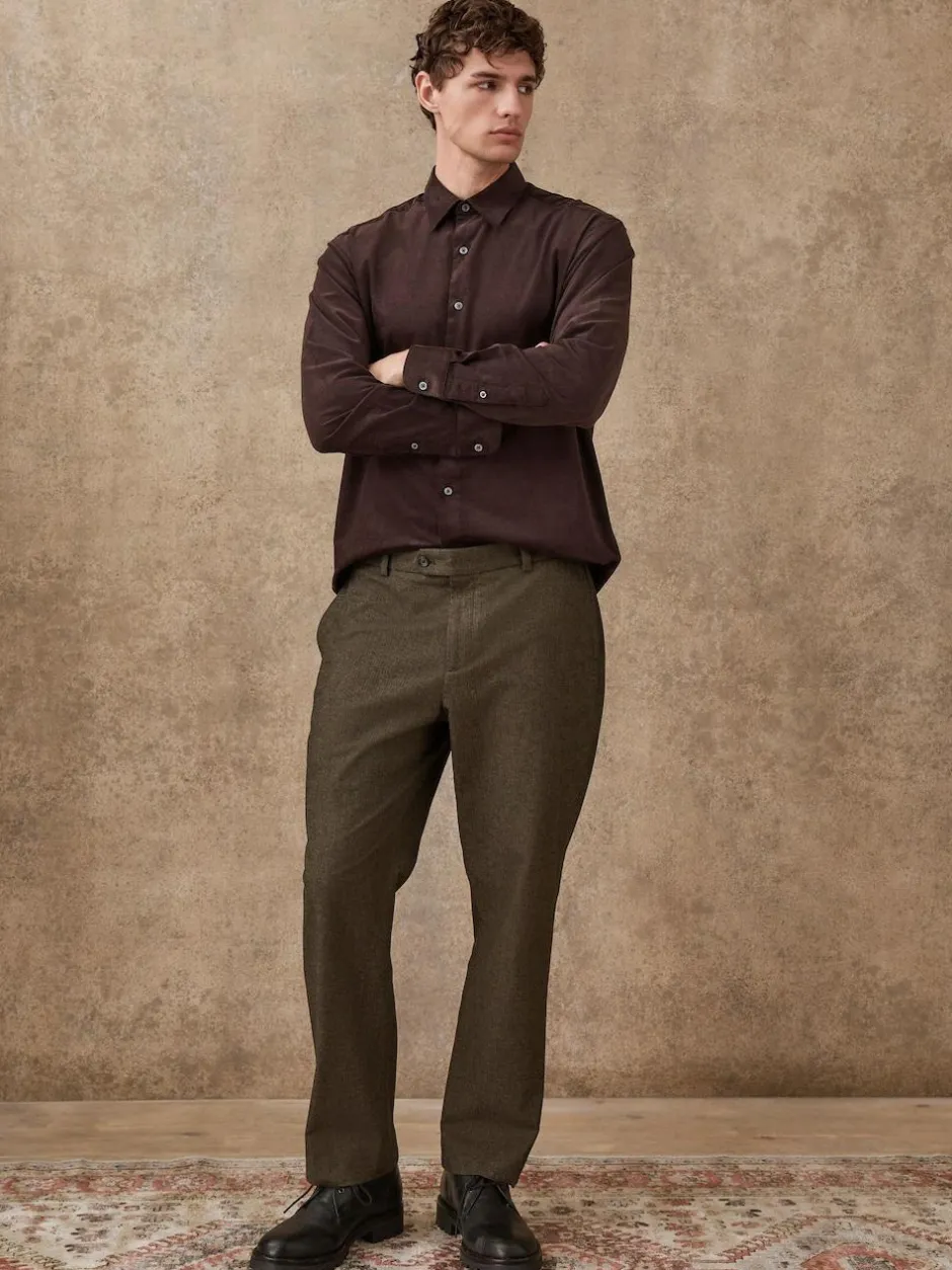 Next Regular Fit Smart Brushed Cotton Trousers Khaki Green Herringbone Clearance