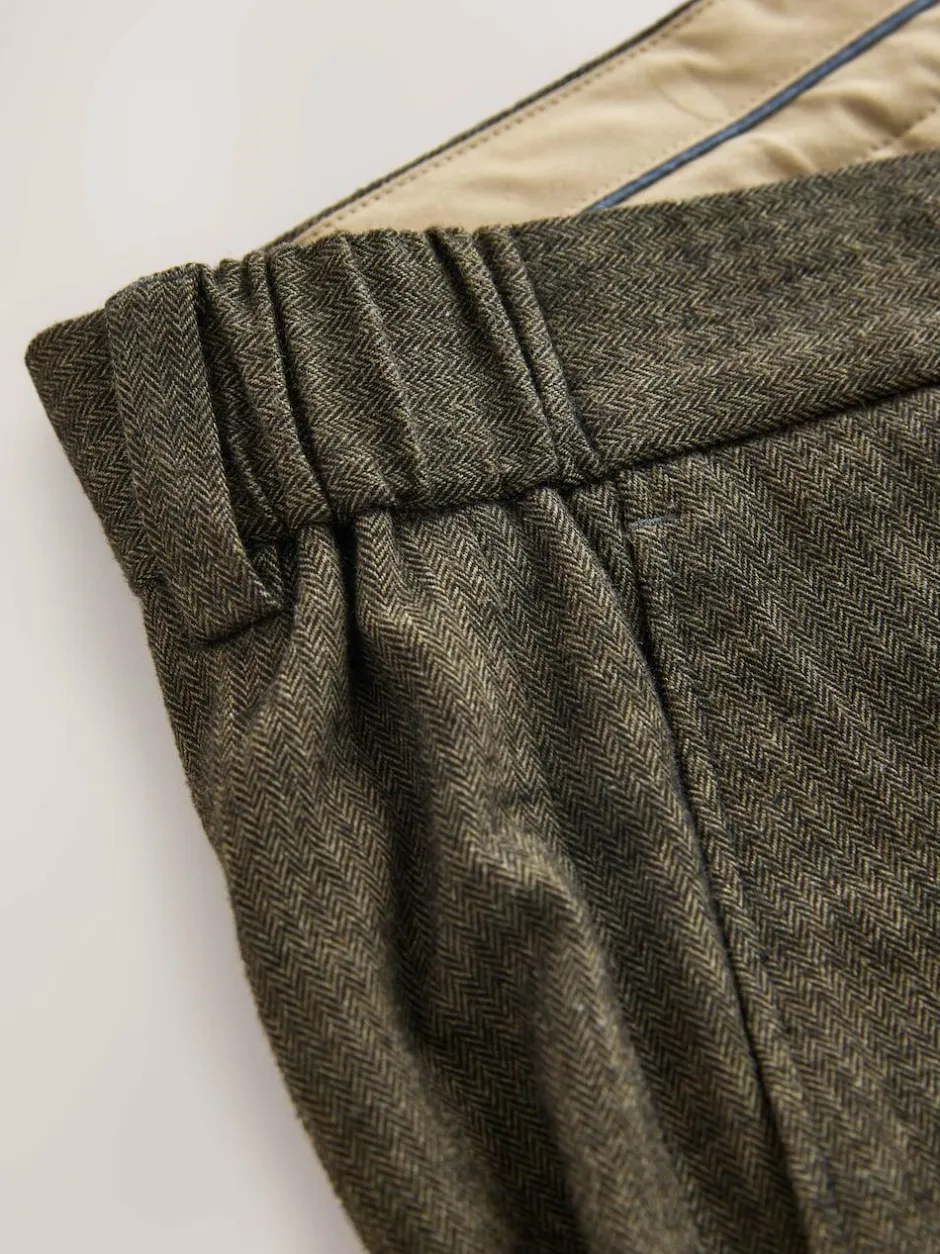 Next Regular Fit Smart Brushed Cotton Trousers Khaki Green Herringbone Clearance