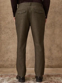 Next Regular Fit Smart Brushed Cotton Trousers Khaki Green Herringbone Clearance