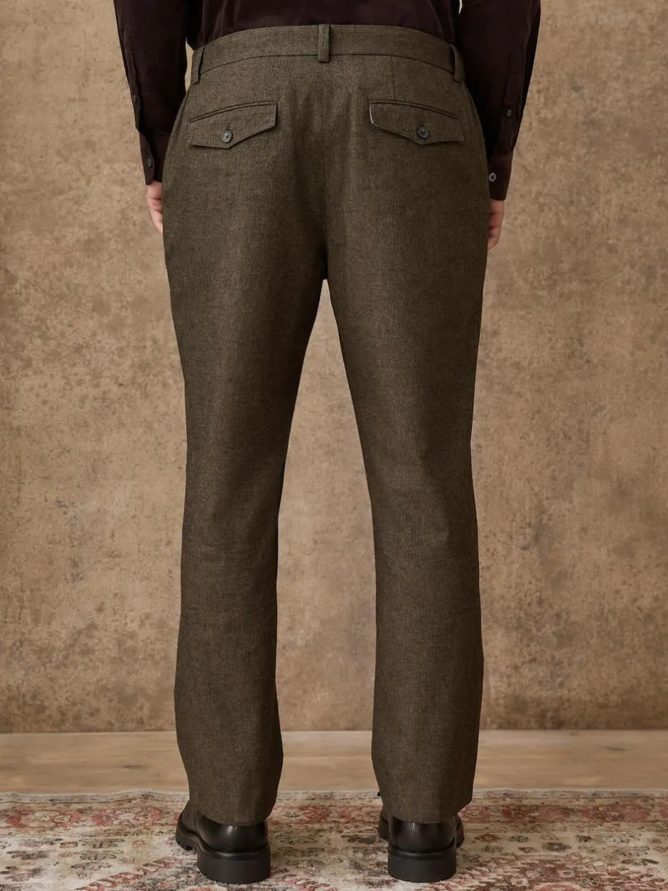 Next Regular Fit Smart Brushed Cotton Trousers Khaki Green Herringbone Clearance