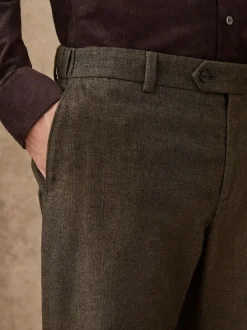 Next Regular Fit Smart Brushed Cotton Trousers Khaki Green Herringbone Clearance