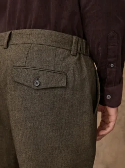 Next Regular Fit Smart Brushed Cotton Trousers Khaki Green Herringbone Clearance