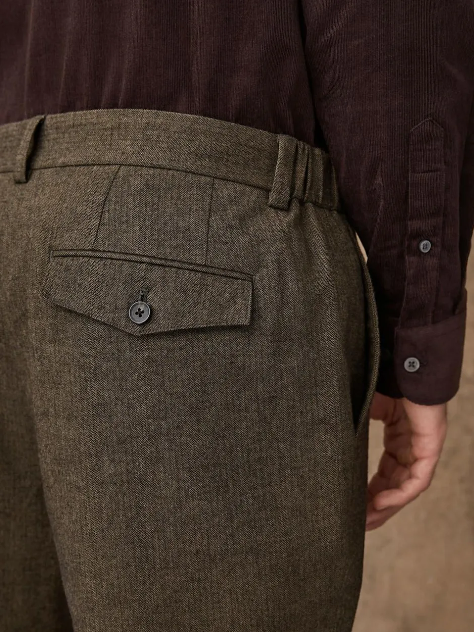 Next Regular Fit Smart Brushed Cotton Trousers Khaki Green Herringbone Clearance
