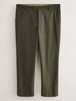 Next Regular Fit Smart Brushed Cotton Trousers Khaki Green Herringbone Clearance