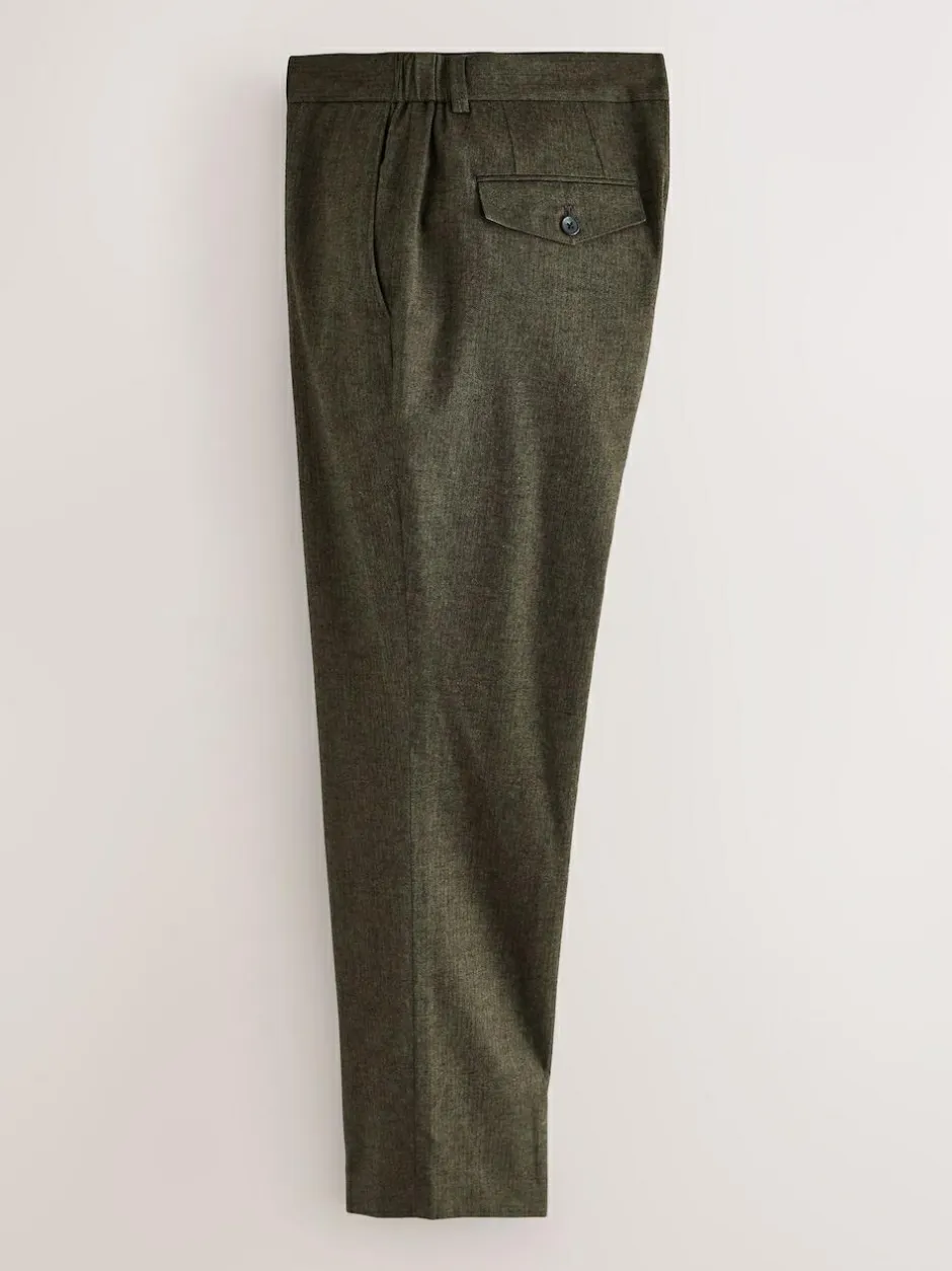 Next Regular Fit Smart Brushed Cotton Trousers Khaki Green Herringbone Clearance