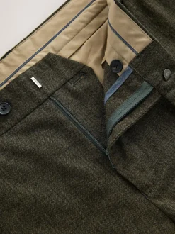 Next Regular Fit Smart Brushed Cotton Trousers Khaki Green Herringbone Clearance