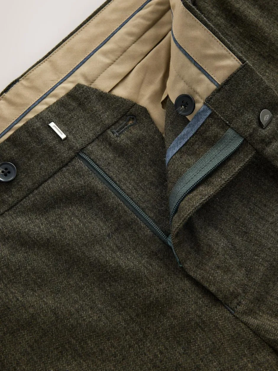 Next Regular Fit Smart Brushed Cotton Trousers Khaki Green Herringbone Clearance