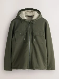 Next Hooded Borg Fleece Lined Shacket Khaki Green Hot