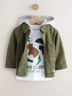 Next Khaki Green Hooded Overshirt and T-Shirt Set 2 Piece (3mths-7yrs) Hot