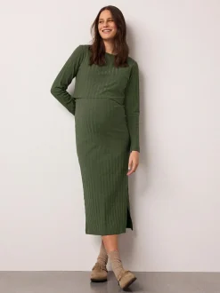 Next Maternity Long Sleeve Nursing Shelf Dress Khaki Green New
