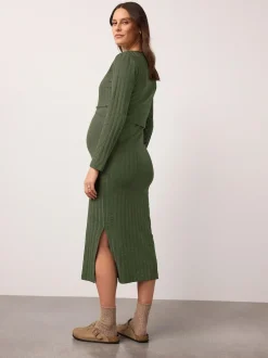 Next Maternity Long Sleeve Nursing Shelf Dress Khaki Green New