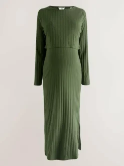 Next Maternity Long Sleeve Nursing Shelf Dress Khaki Green New