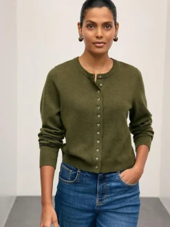 Next Khaki Green Slim Supersoft Crew Neck Cardigan with Wool Clearance
