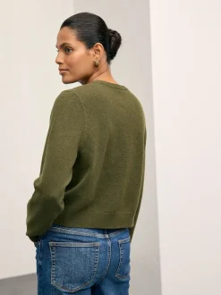 Next Khaki Green Slim Supersoft Crew Neck Cardigan with Wool Clearance