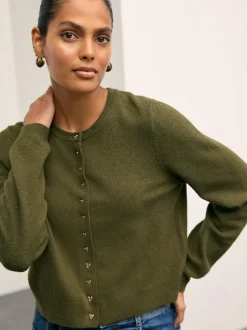 Next Khaki Green Slim Supersoft Crew Neck Cardigan with Wool Clearance