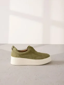 Next Slip On Signature Leather Chunky Wedge Platform Trainers Khaki Green Best