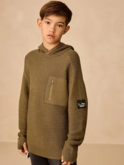 Next Khaki Green Utility Knitted Hoodie (3-16yrs) Clearance