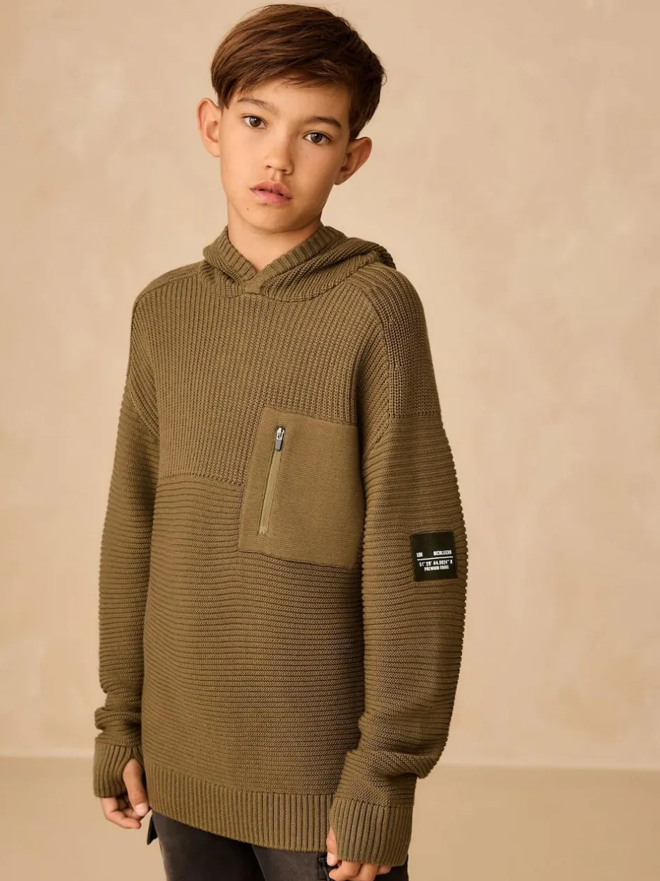 Next Khaki Green Utility Knitted Hoodie (3-16yrs) Clearance