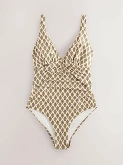 Next Utrim Tummy Control Plunge Swimsuit Khaki Green/Cream Foil Woodblock Discount