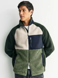 Next Colourblock Zip Through Funnel Fleece Khaki Green/Ecru Neutral