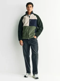 Next Colourblock Zip Through Funnel Fleece Khaki Green/Ecru Neutral