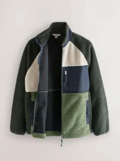 Next Colourblock Zip Through Funnel Fleece Khaki Green/Ecru Neutral