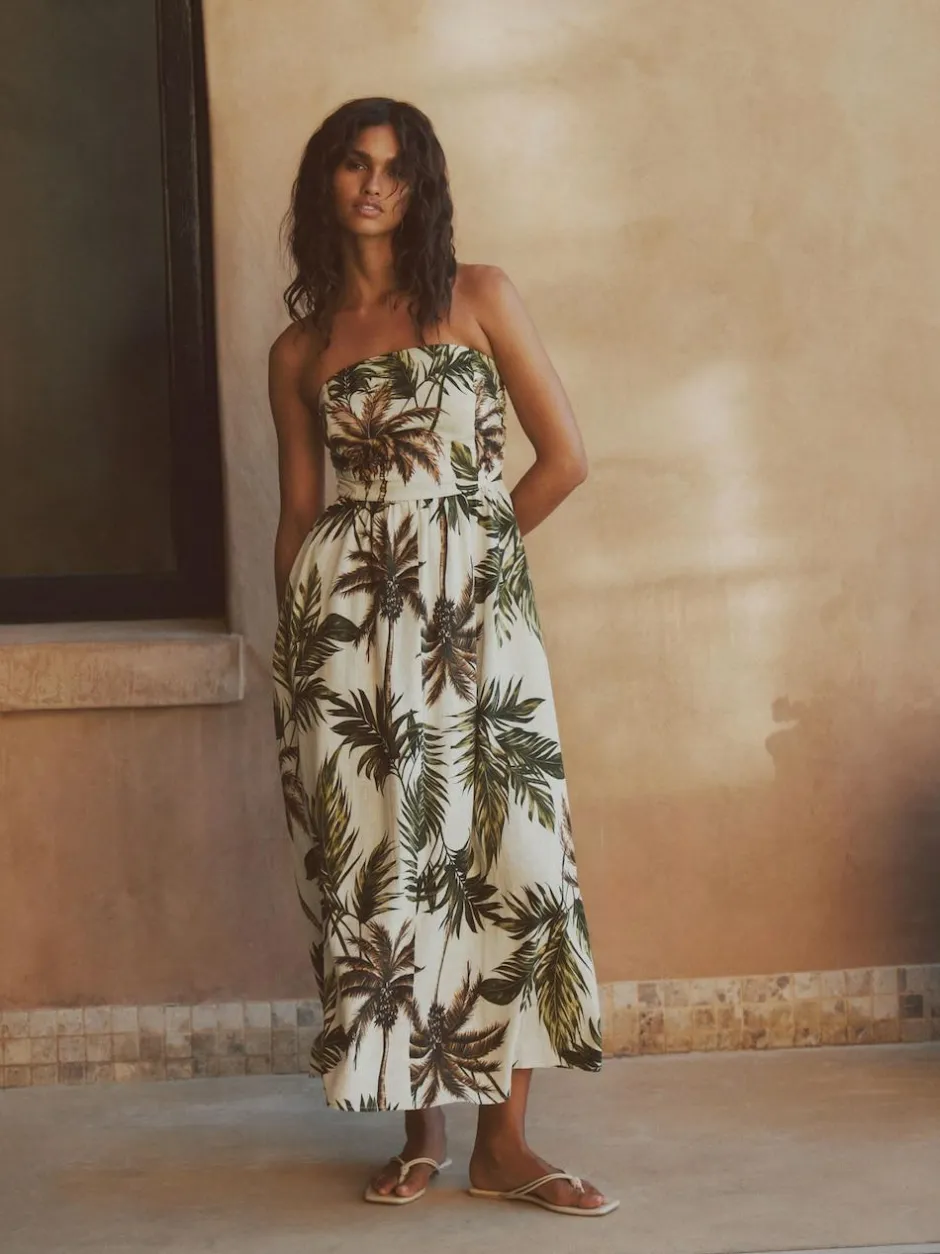 Next Ruched Bandeau Midi Dress with Linen Khaki/Cream Palm Printed Best