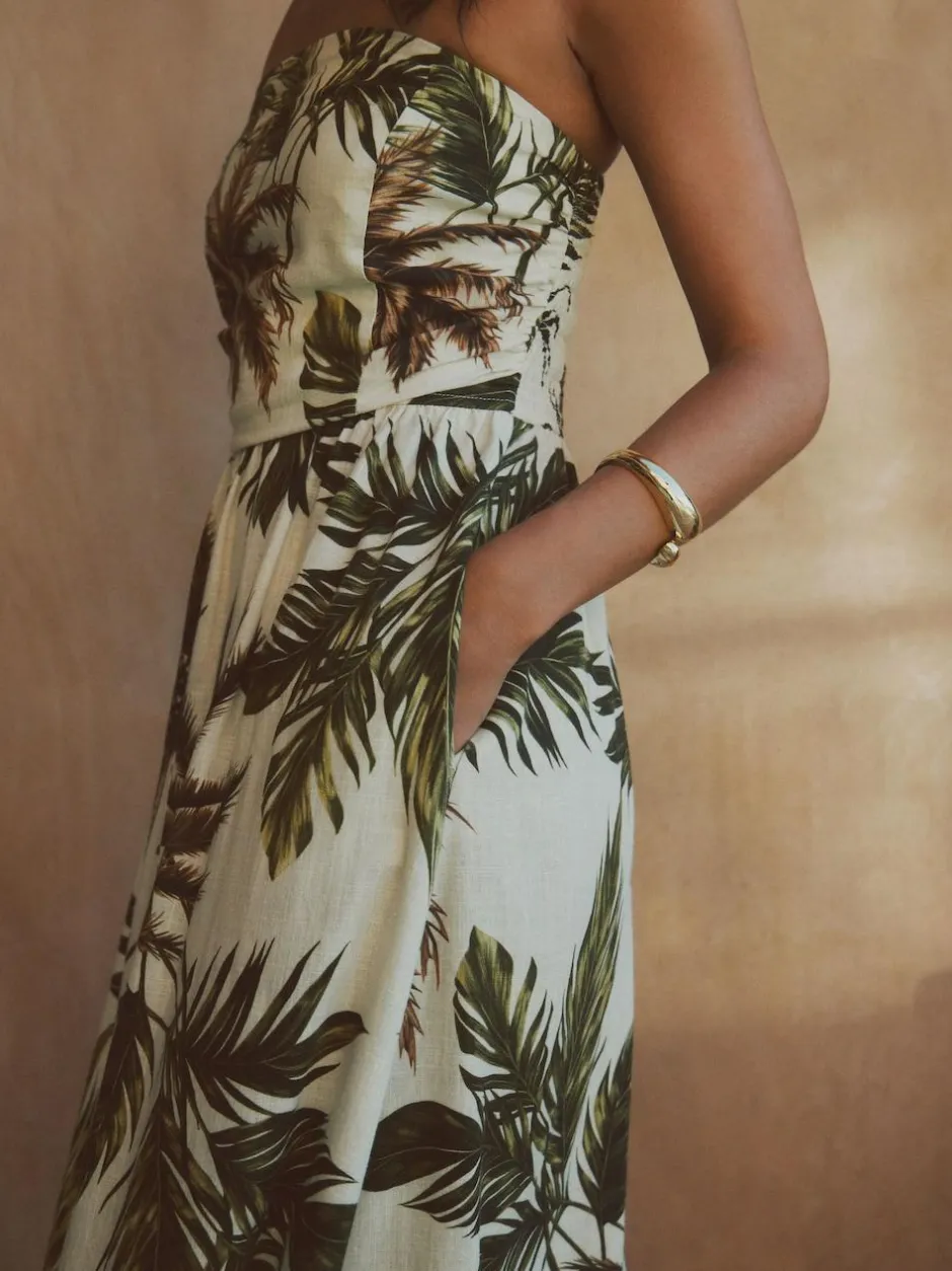Next Ruched Bandeau Midi Dress with Linen Khaki/Cream Palm Printed Best