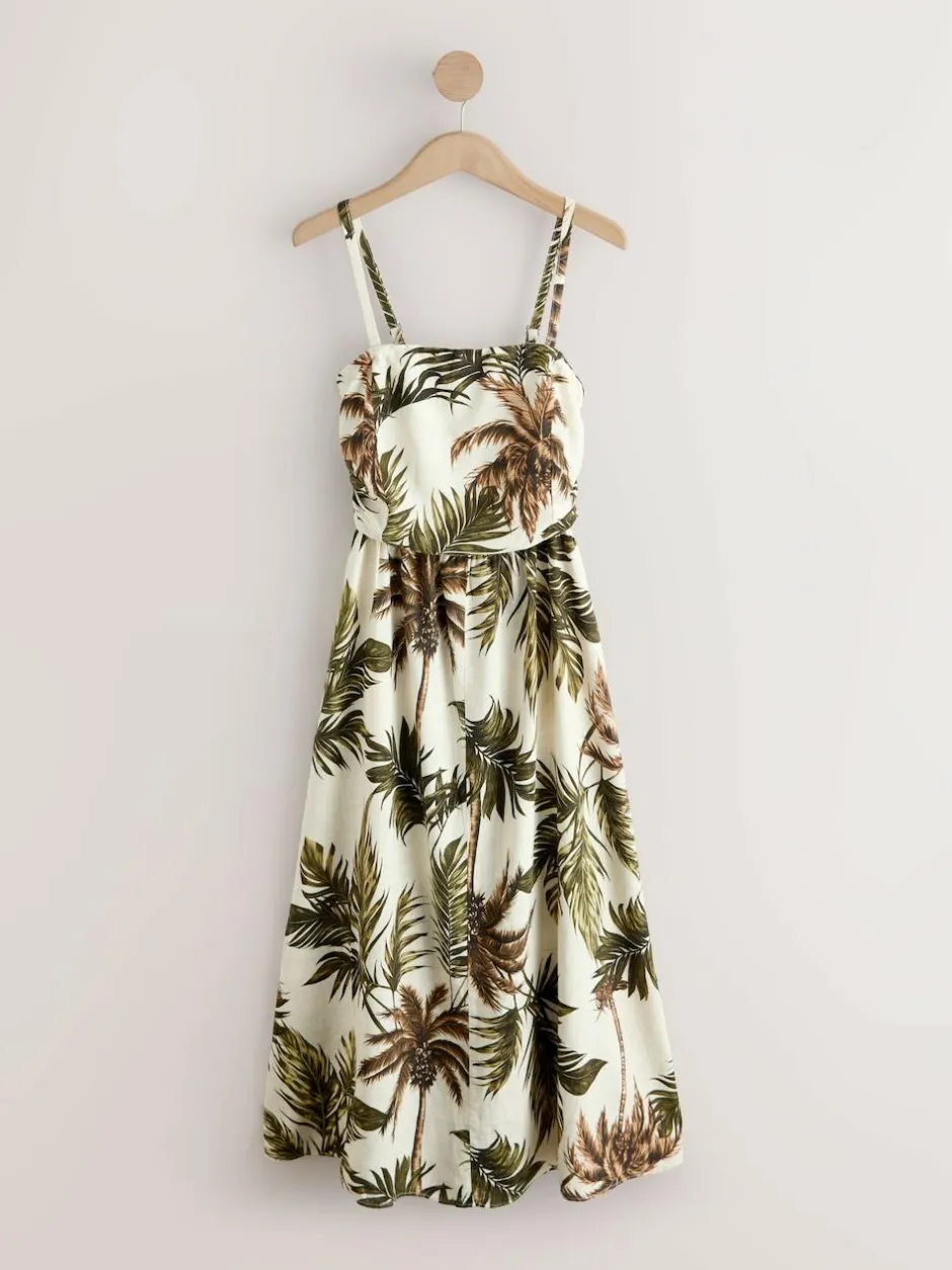 Next Ruched Bandeau Midi Dress with Linen Khaki/Cream Palm Printed Best