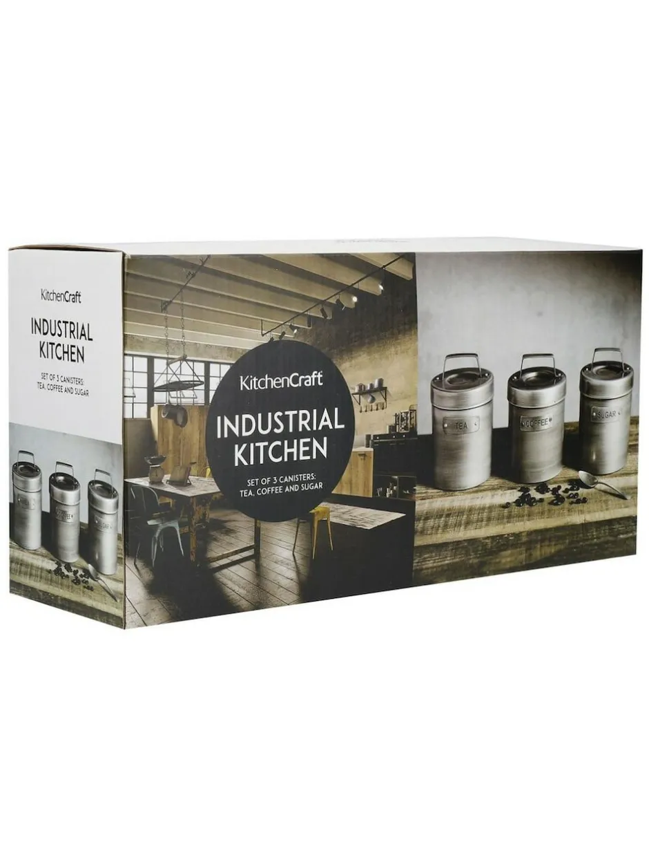 Kitchencraft Set of 4 Grey Metal Coffee Sugar and Tea Canisters Hot