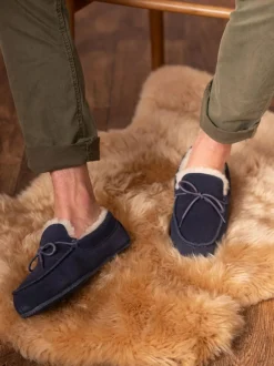 Lakeland Leather Mens Sheepskin Moccasin Slippers Navy Blue Best