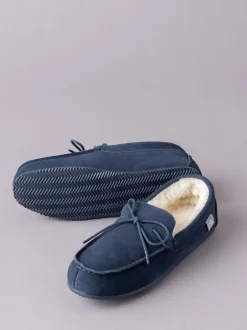 Lakeland Leather Mens Sheepskin Moccasin Slippers Navy Blue Best