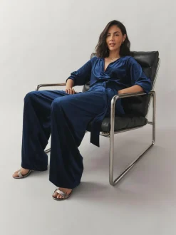 Laura Ashley Navy Velvet Elasticated Waist Wide Leg Party Jumpsuit Outlet