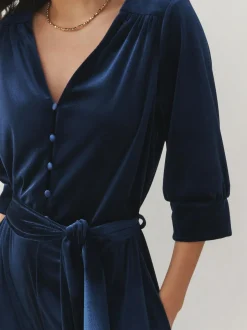 Laura Ashley Navy Velvet Elasticated Waist Wide Leg Party Jumpsuit Outlet