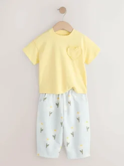 Next Lemon Yellow Daisy Short Sleeve Top and Barrel Trousers Set (3mths-7yrs) Sale
