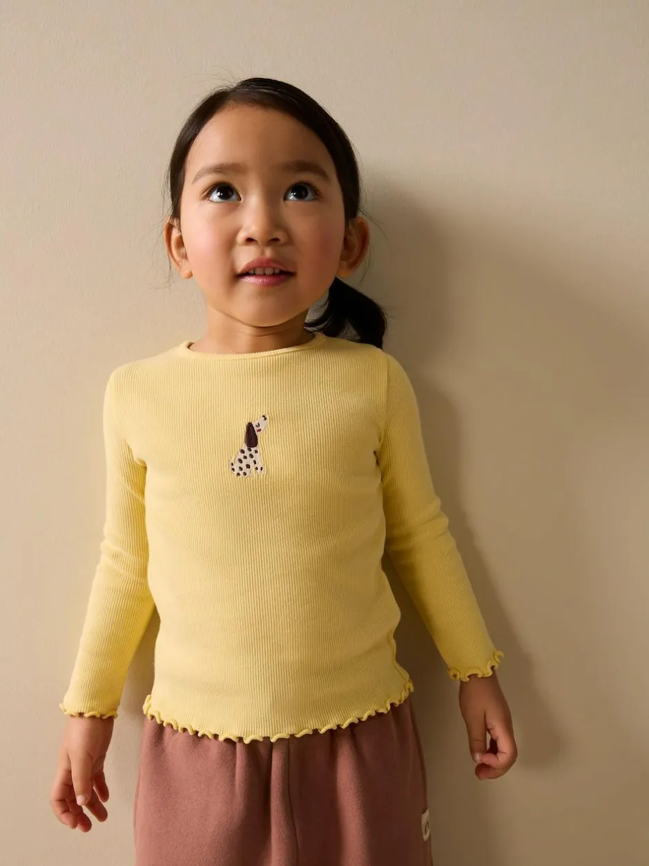 Next Long sleeve Embroidered Ribbed Top (3mths-7yrs) Lemon Yellow Dog Sale