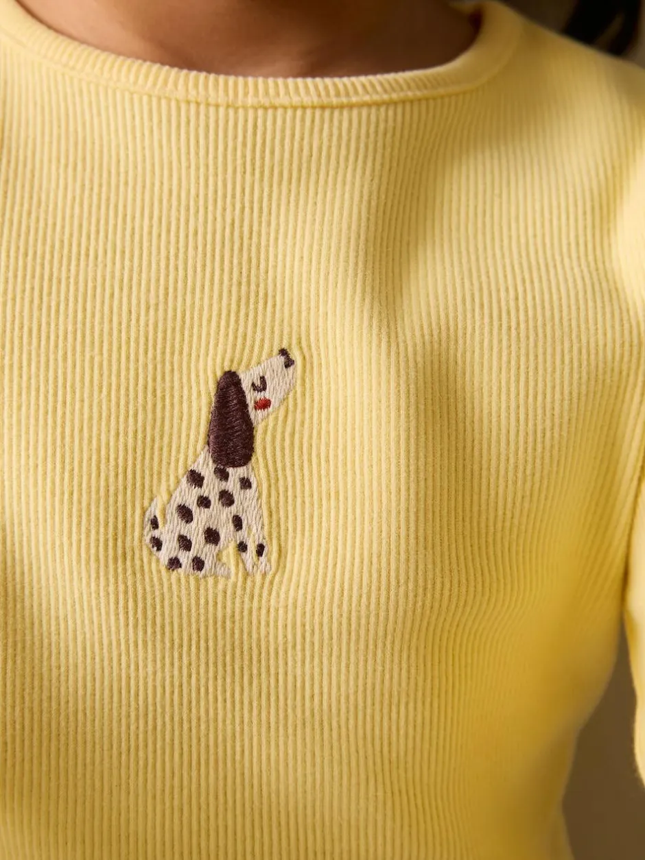 Next Long sleeve Embroidered Ribbed Top (3mths-7yrs) Lemon Yellow Dog Sale