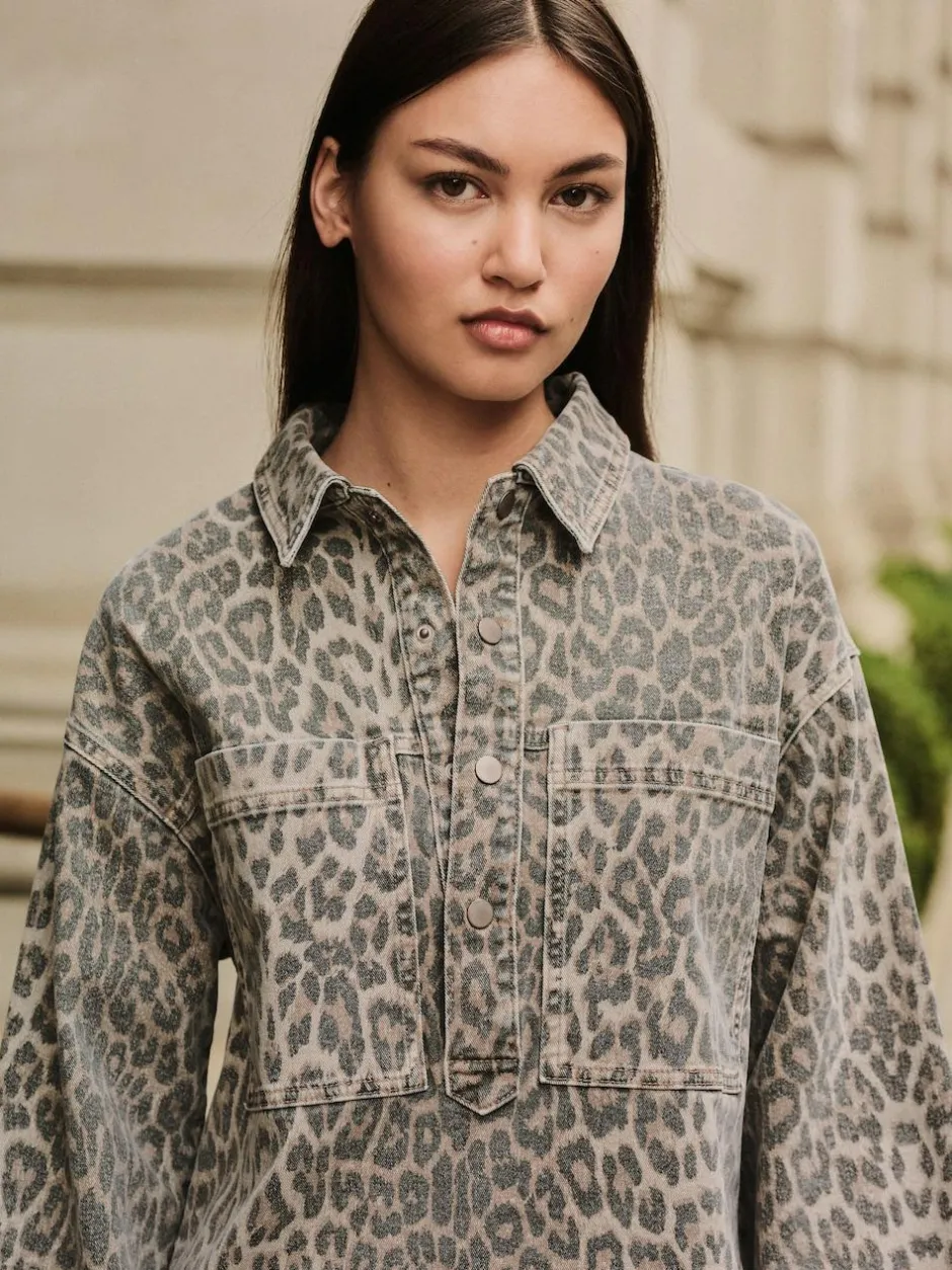 Next Mini Long Sleeve Utility Denim Dress Leopard Print New