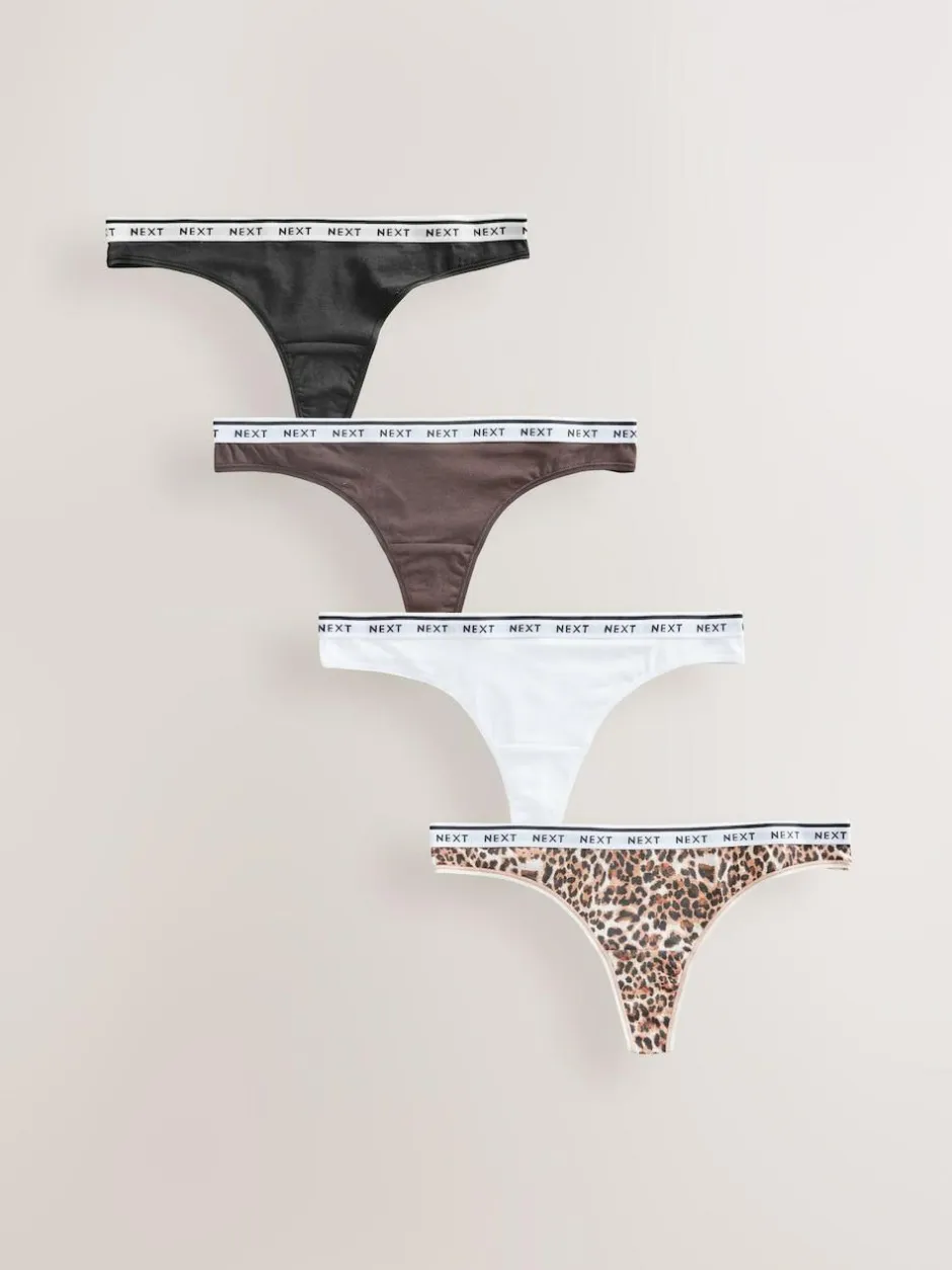 Next Thong Cotton Logo Knickers 4 Pack Leopard Print New
