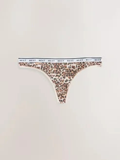 Next Thong Cotton Logo Knickers 4 Pack Leopard Print New